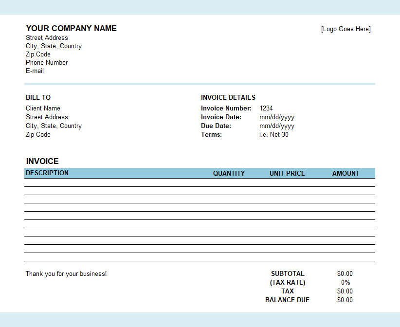 monthly invoice template excel