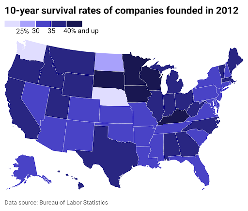 map of the US showing the states with the best and worst 10-year business survival rates