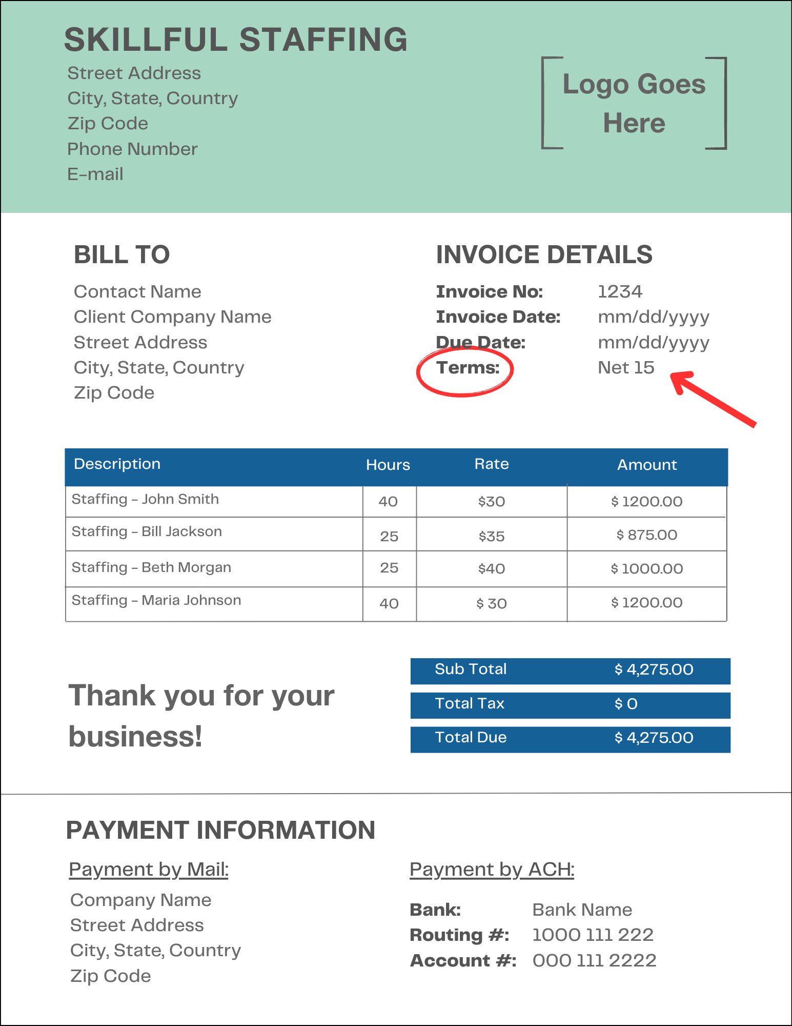 Net 15 payment terms on an invoice