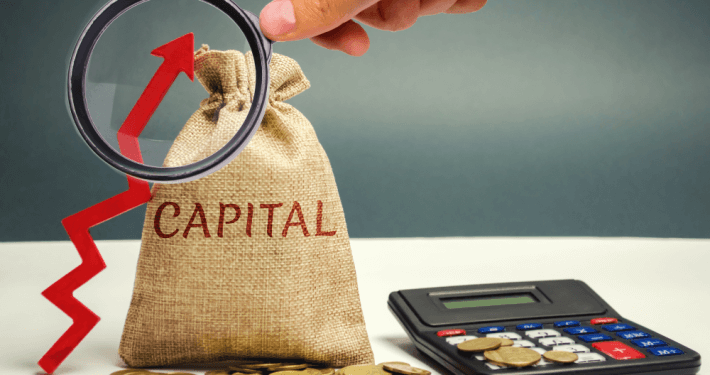 canvas bag reading "capital" next to an arrow pointing up and surrounded by coins