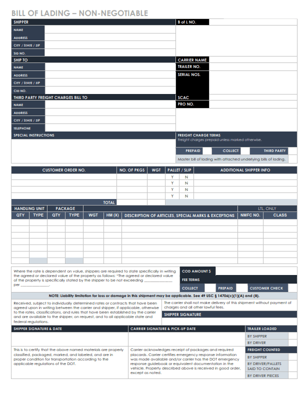 blank bill of lading template