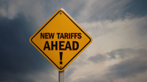 road sign that reads "New Tariffs Ahead!"