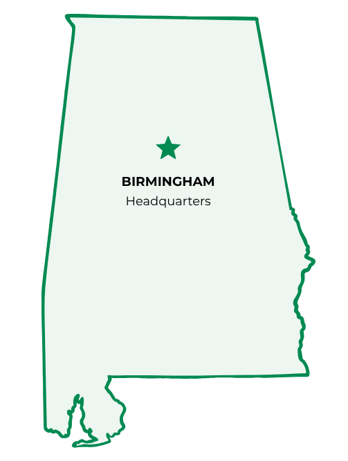 green outline of Alabama with Birmingham marked as the headquarters